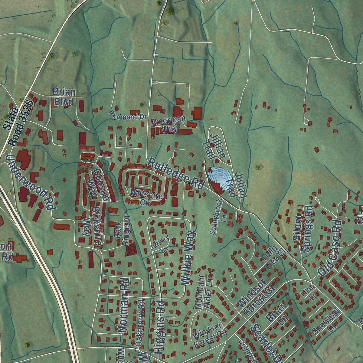 Close-up of the map of Fletcher, North Carolina print showing street and building detail