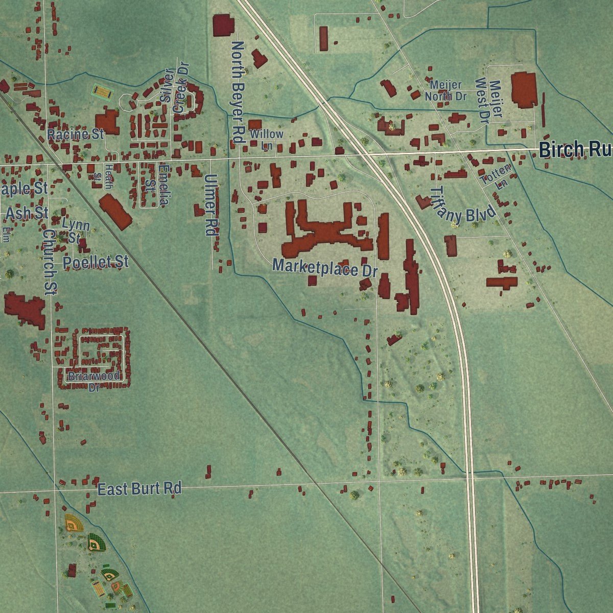 Close-up of the map of Birch Run, Saginaw County, Michigan print showing street and building detail