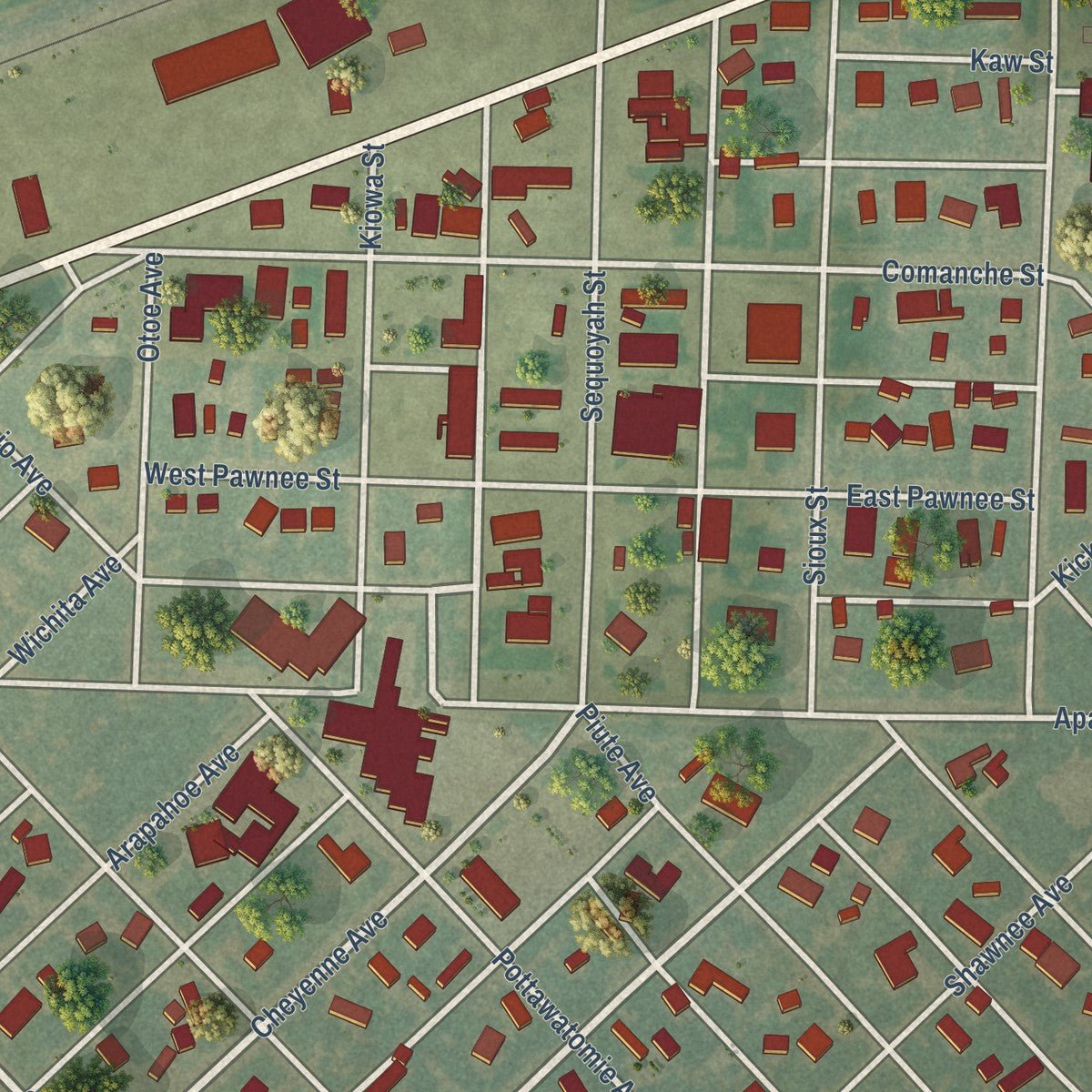 Close-up of the map of Satanta, Kansas print showing street and building detail