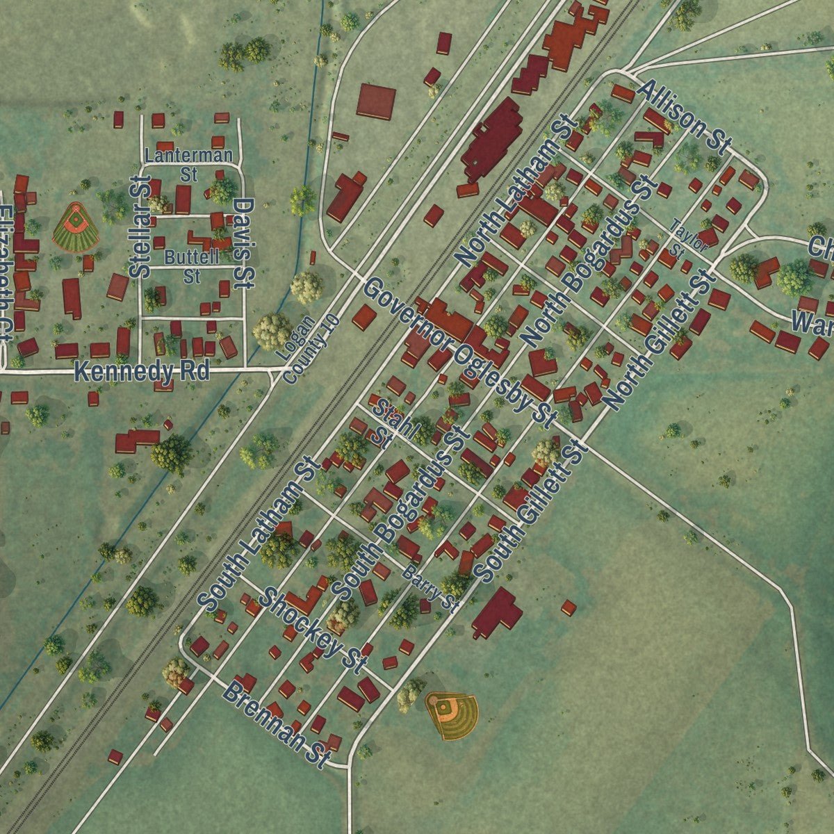 Close-up of the map of Elkhart, Illinois print showing street and building detail