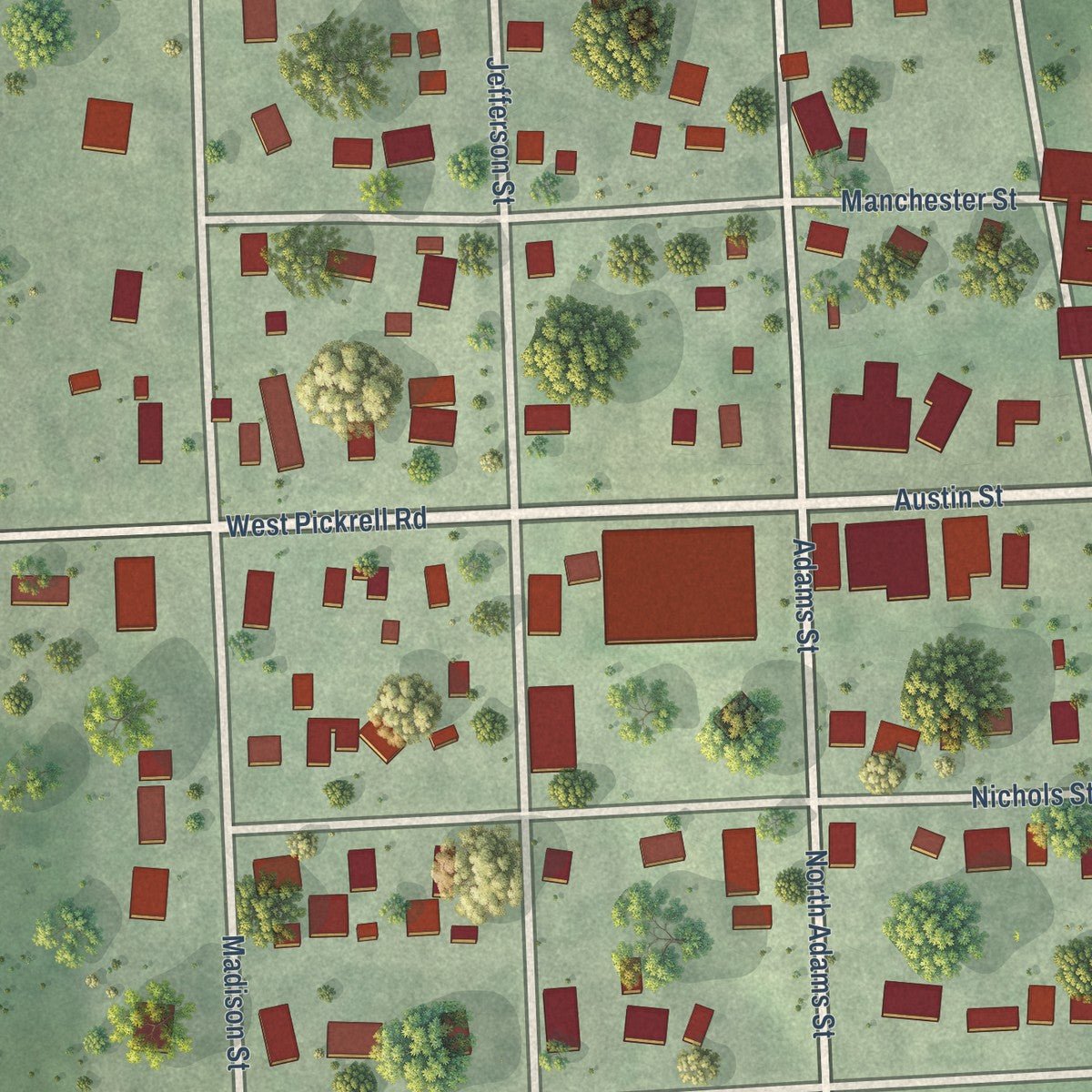 Close-up of the map of Pickrell, Nebraska print showing street and building detail