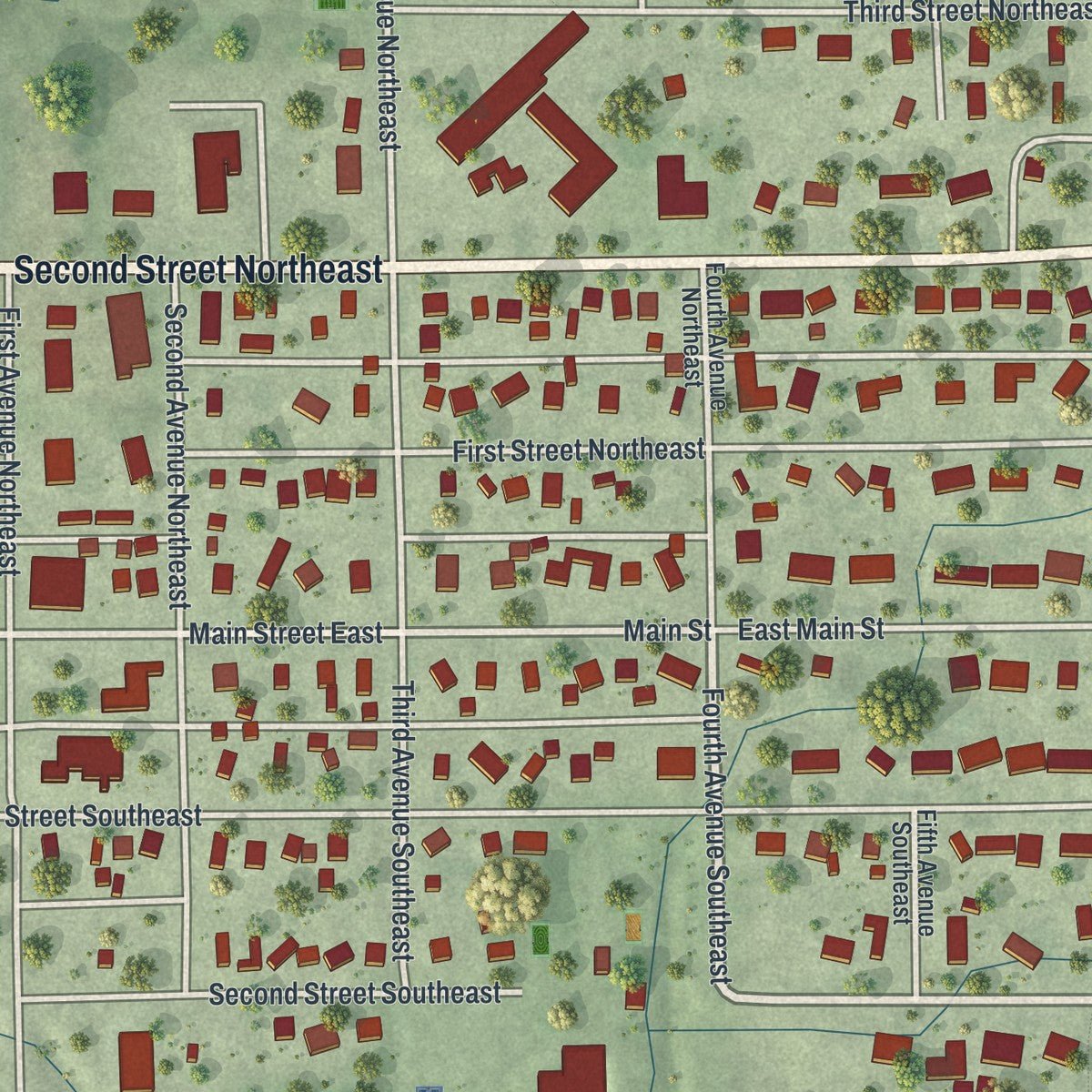 Close-up of the map of Hayfield, Minnesota print showing street and building detail