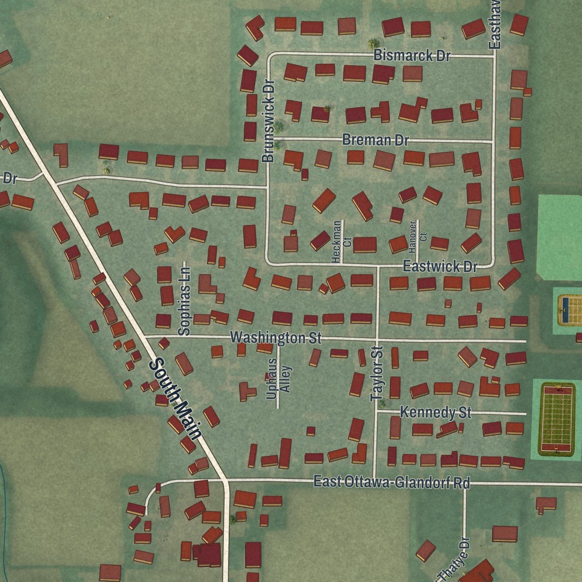 Close-up of the map of Glandorf, Ohio print showing street and building detail