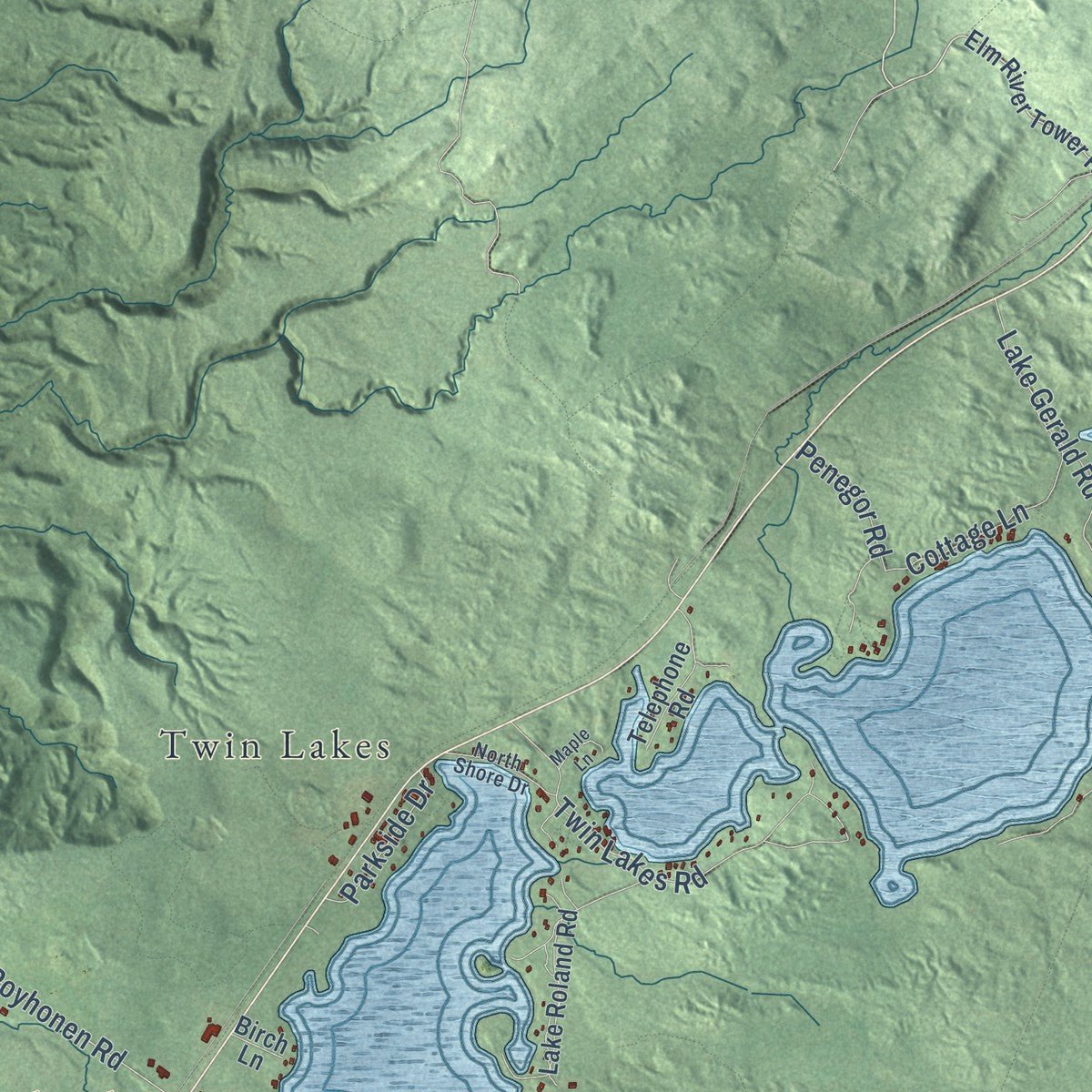 Close-up of the map of Elm River, Michigan print showing street and building detail