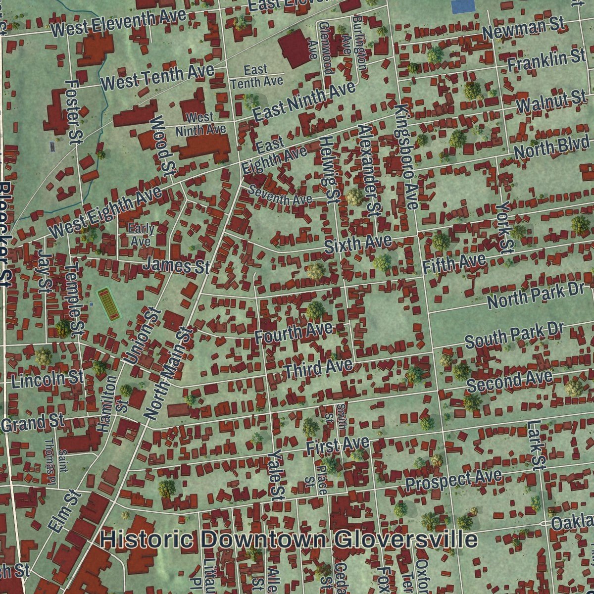 Close-up of the map of Gloversville, New York print showing street and building detail