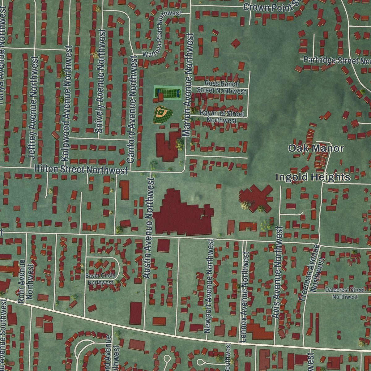 Close-up of the map of Perry Heights, Ohio print showing street and building detail