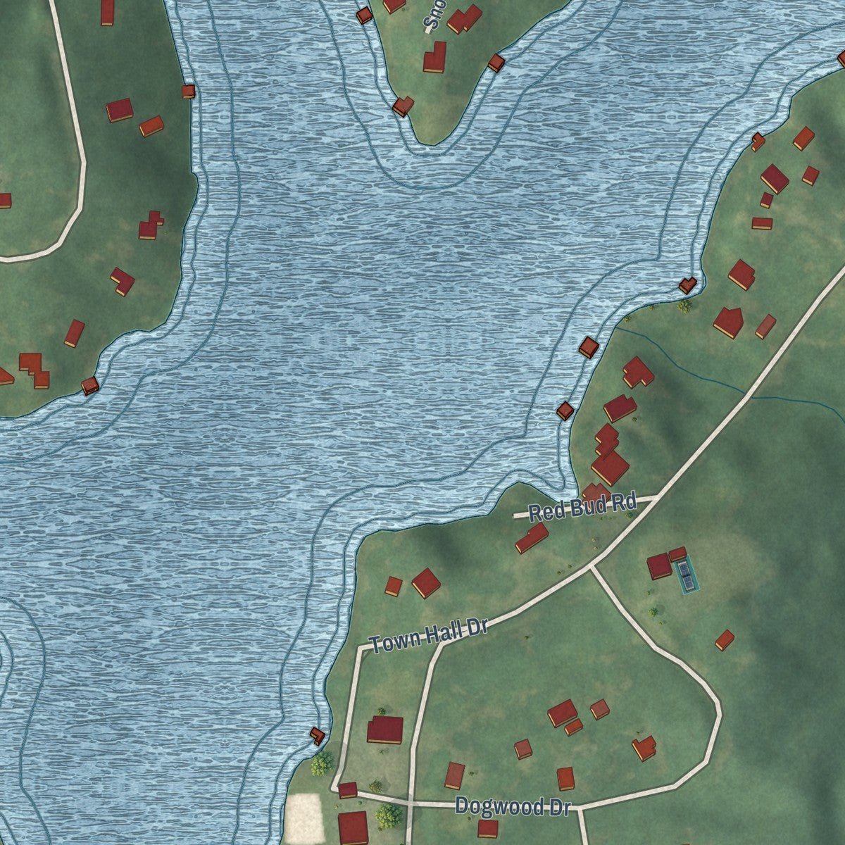 Close-up of the map of Snow Lake Shores, Mississippi print showing street and building detail