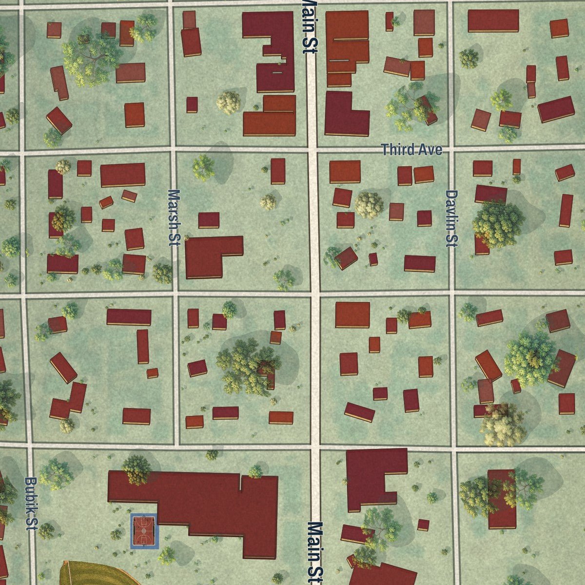 Close-up of the map of Hoven, South Dakota print showing street and building detail