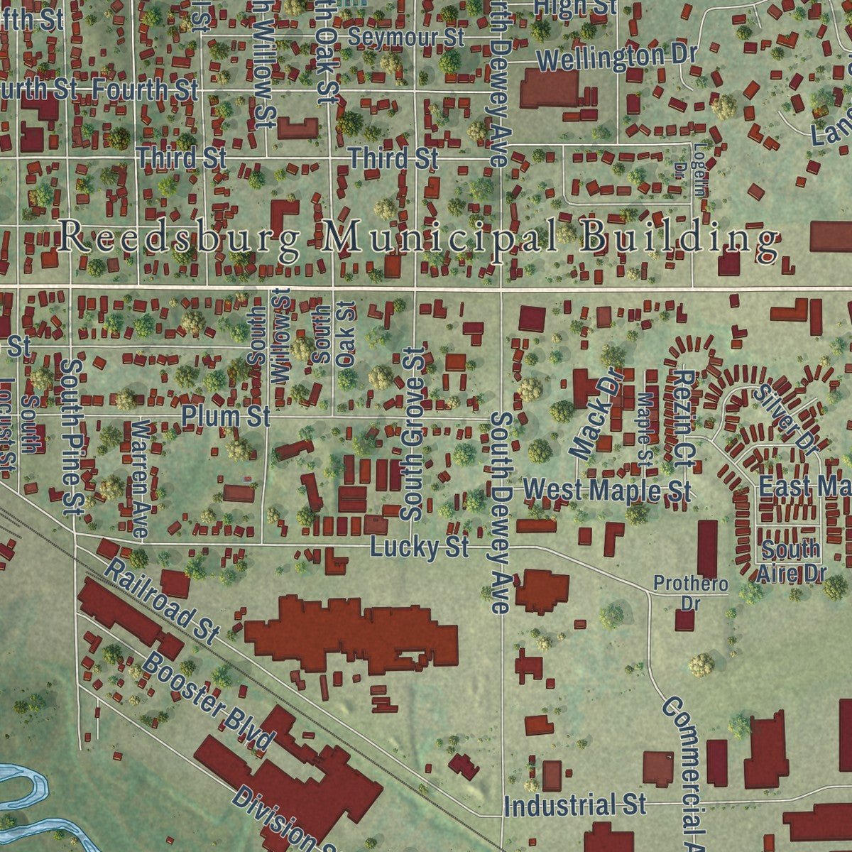 Close-up of the map of Reedsburg, Wisconsin print showing street and building detail