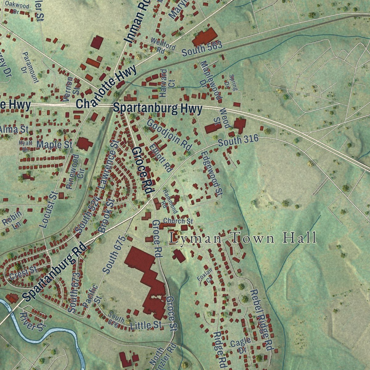 Close-up of the map of Lyman, South Carolina print showing street and building detail