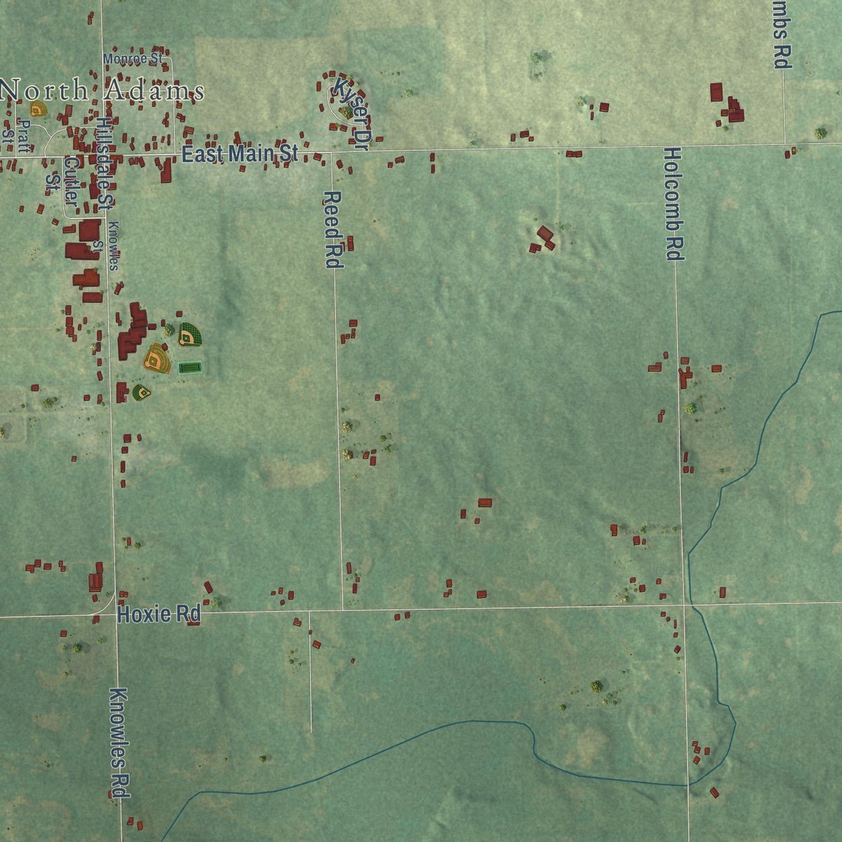 Close-up of the map of Adams, Hillsdale County, Michigan print showing street and building detail