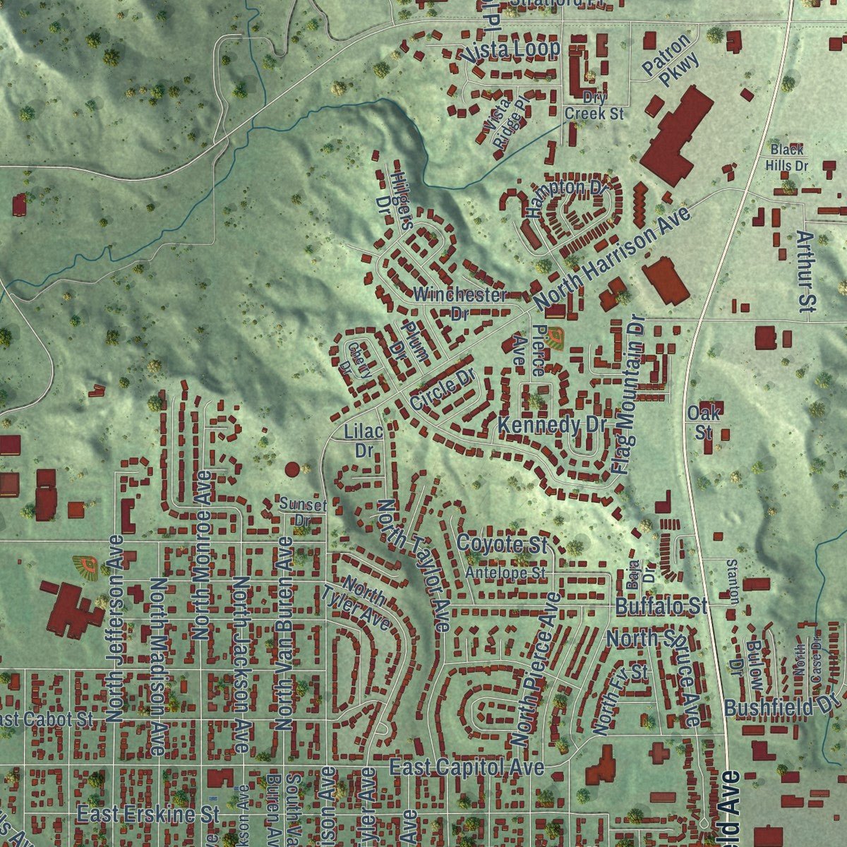 Close-up of the map of Pierre, South Dakota print showing street and building detail