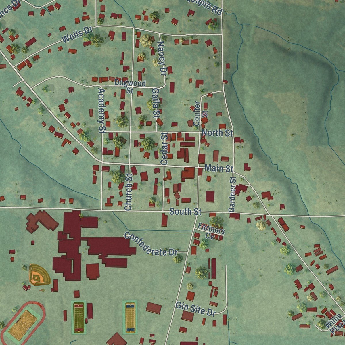Close-up of the map of Caledonia, Mississippi print showing street and building detail