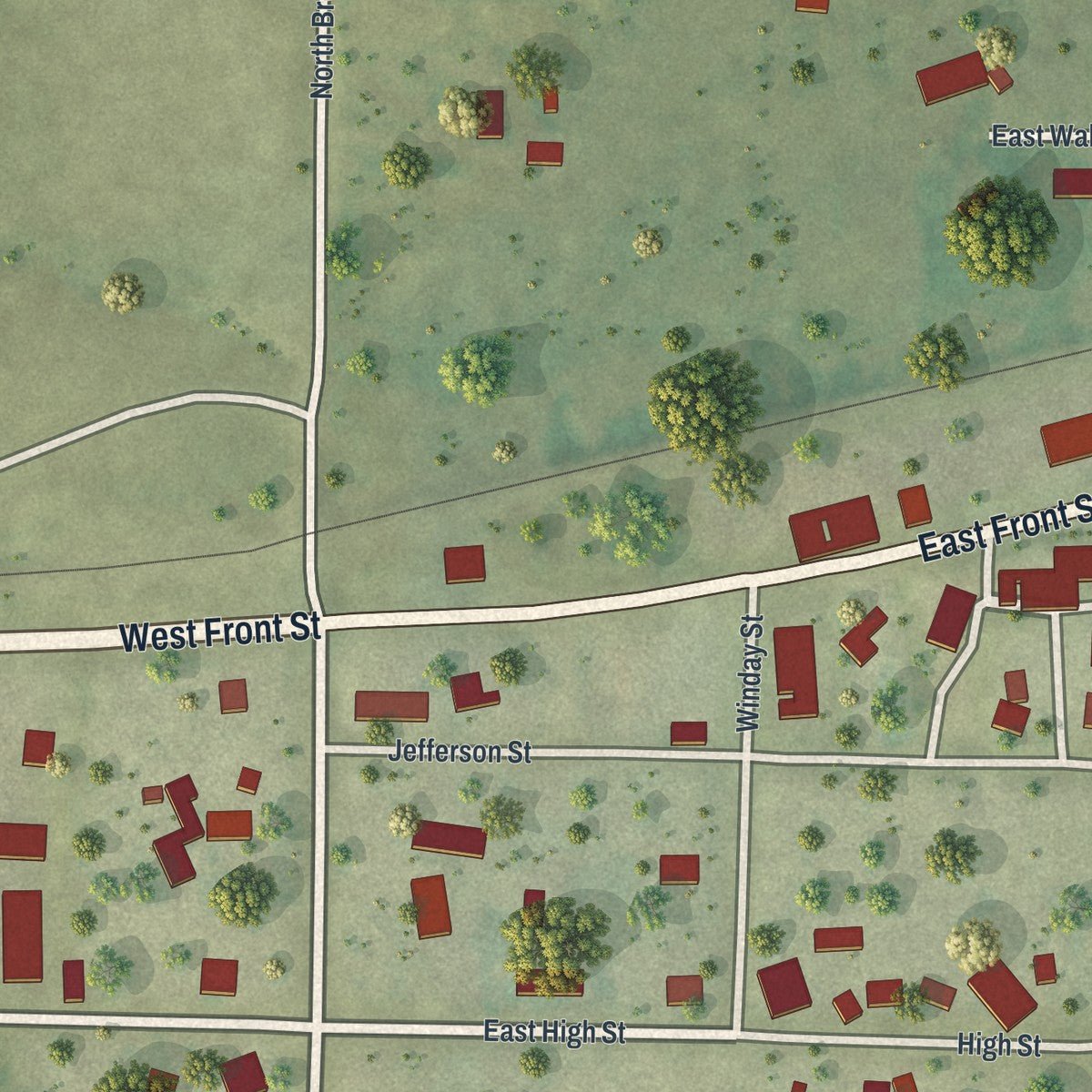 Close-up of the map of Syracuse, Missouri print showing street and building detail