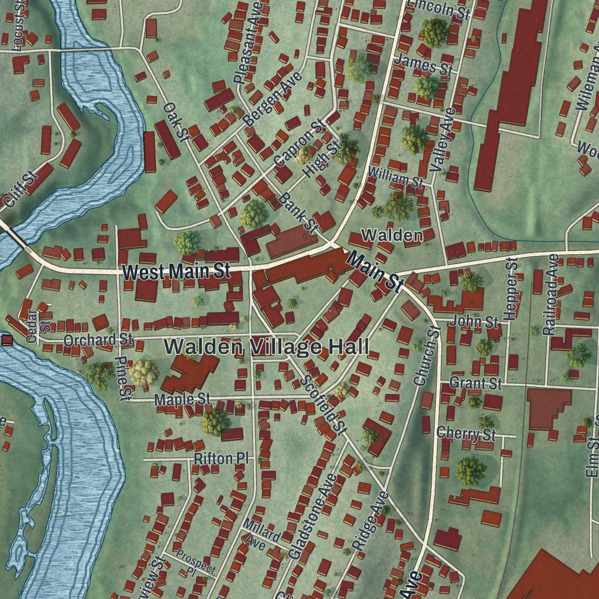 Close-up of the map of Walden, New York print showing street and building detail