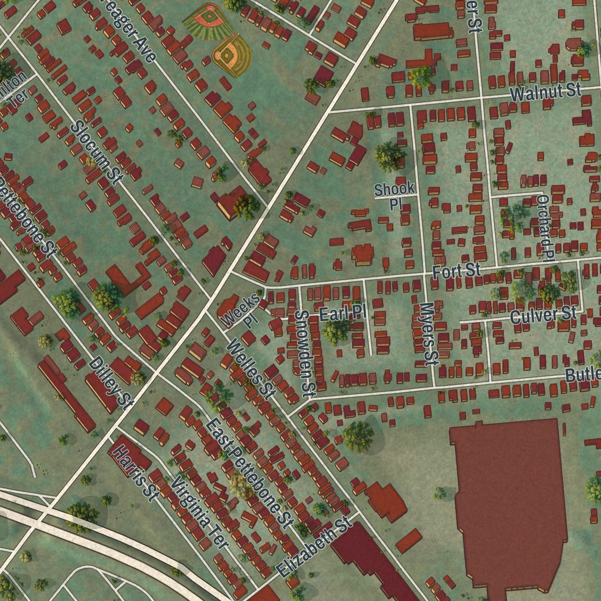 Close-up of the map of Forty Fort, Pennsylvania print showing street and building detail