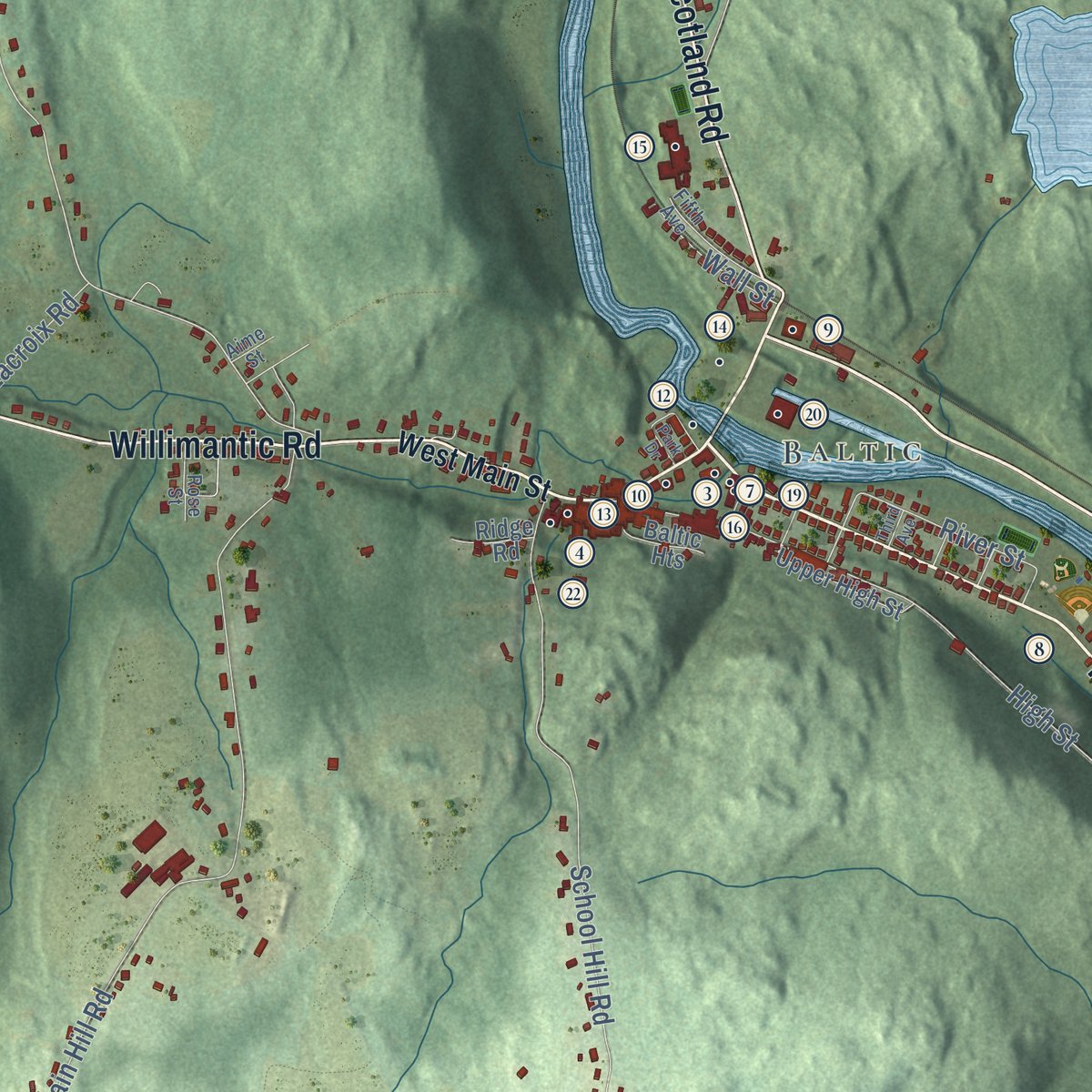 Close-up of the map of Sprague, Connecticut print showing street and building detail