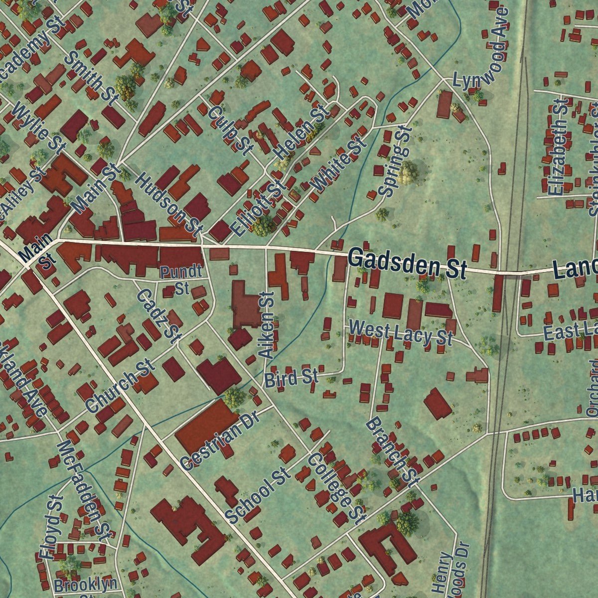 Close-up of the map of Chester, South Carolina print showing street and building detail