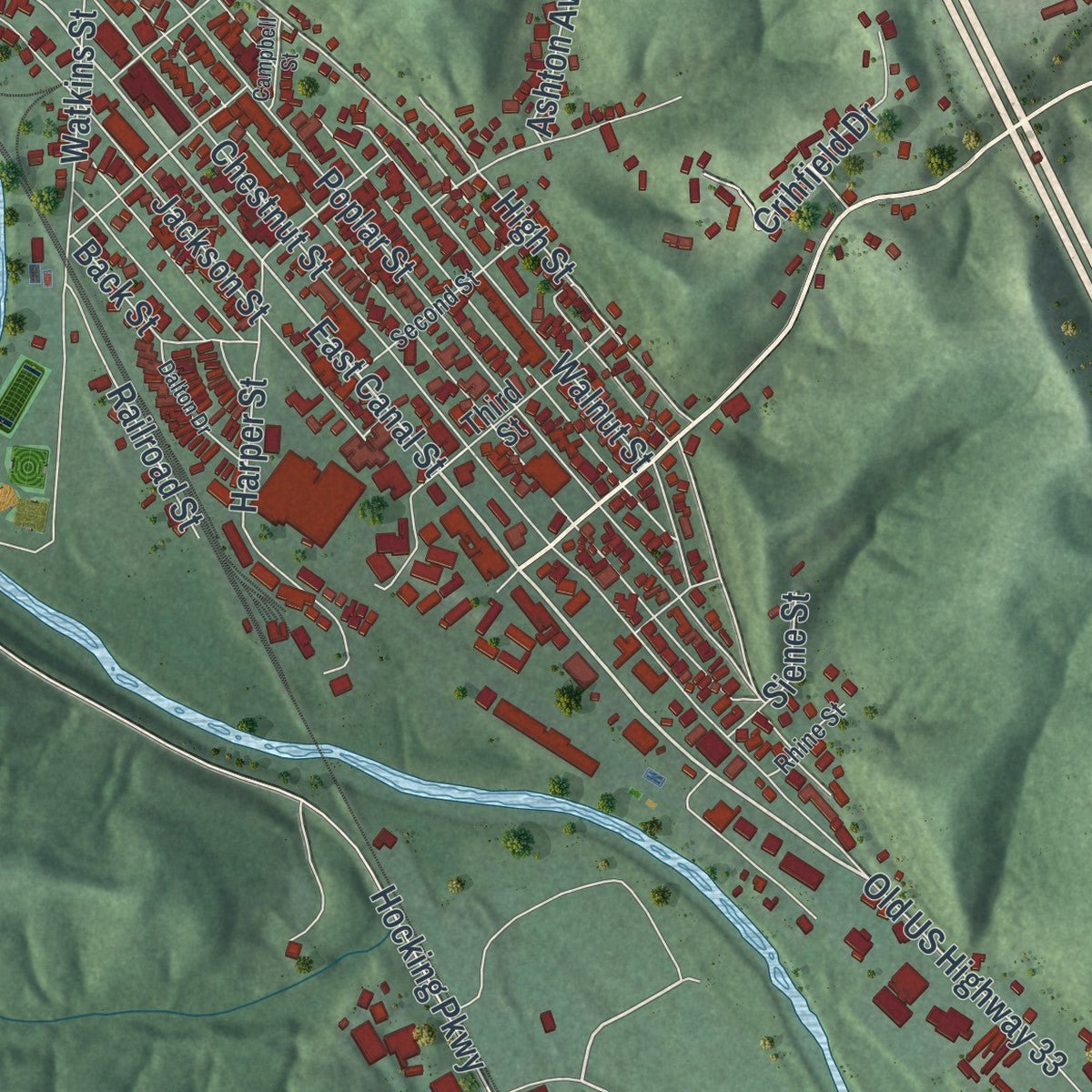 Close-up of the map of Nelsonville, Ohio print showing street and building detail