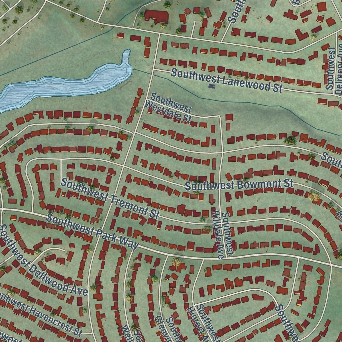 Close-up of the map of Cedar Hills, Oregon print showing street and building detail