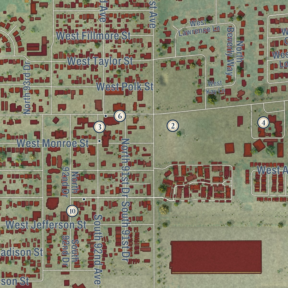Close-up of the map of Tolleson, Arizona print showing street and building detail
