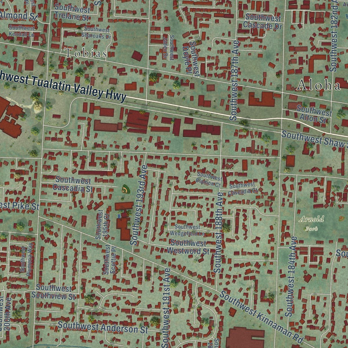 Close-up of the map of Aloha, Oregon print showing street and building detail