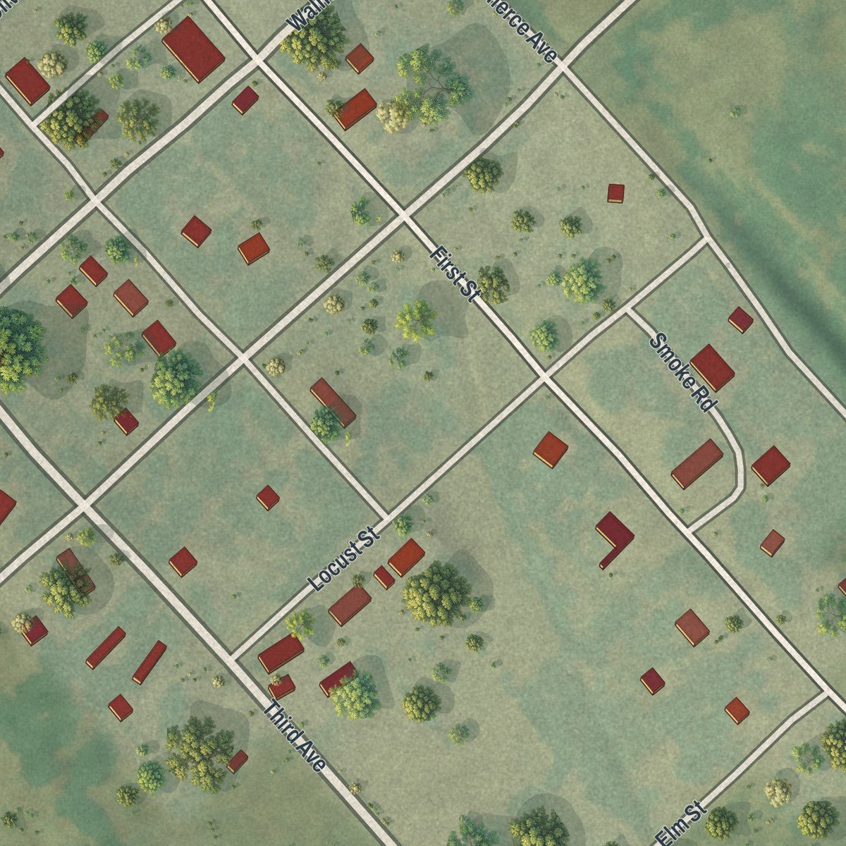 Close-up of the map of Aullville, Missouri print showing street and building detail