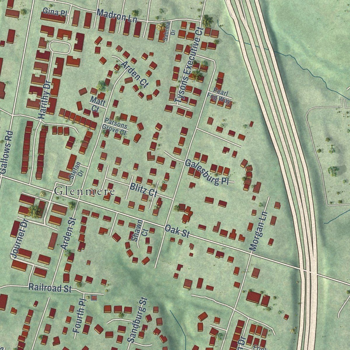 Close-up of the map of Dunn Loring, Virginia print showing street and building detail
