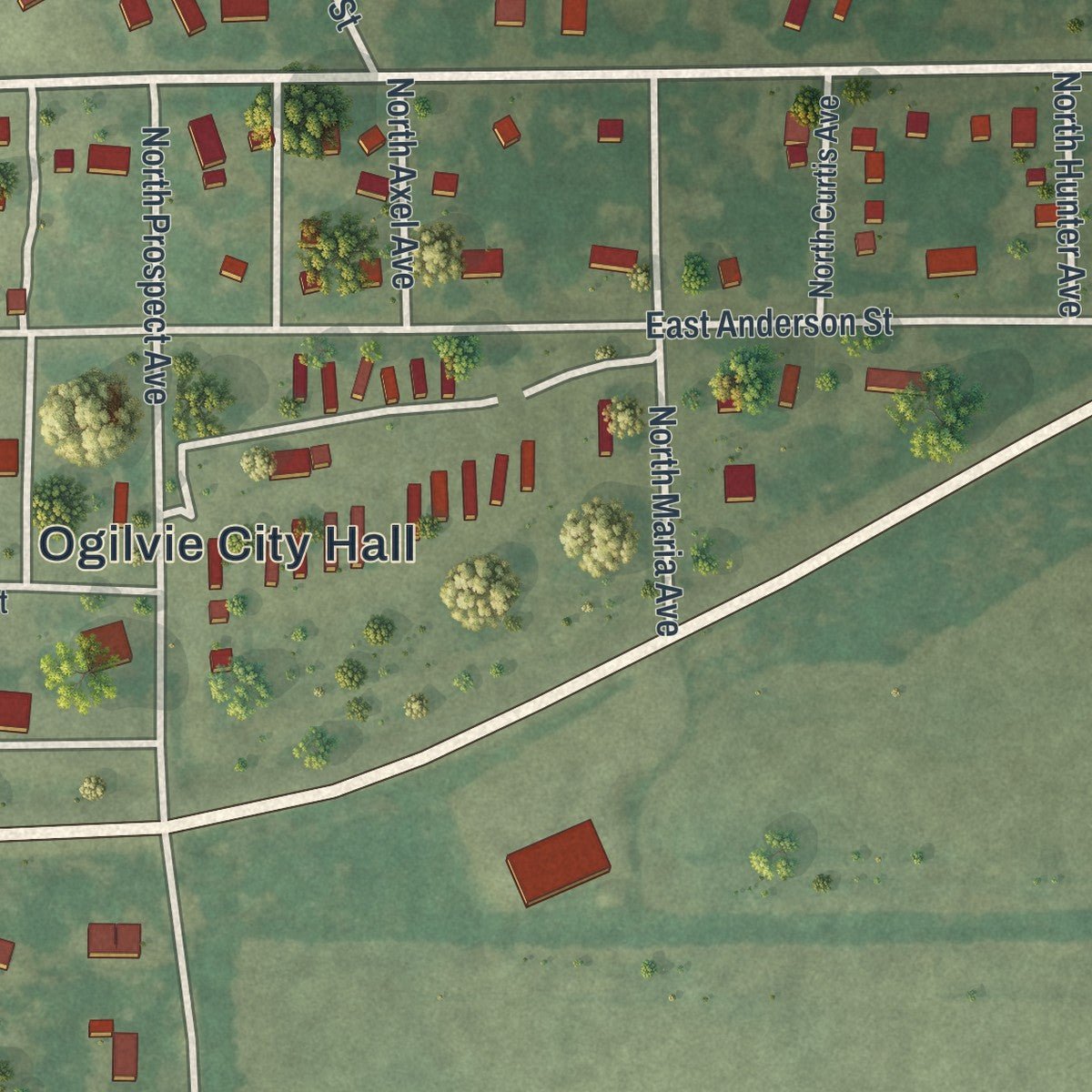 Close-up of the map of Ogilvie, Minnesota print showing street and building detail