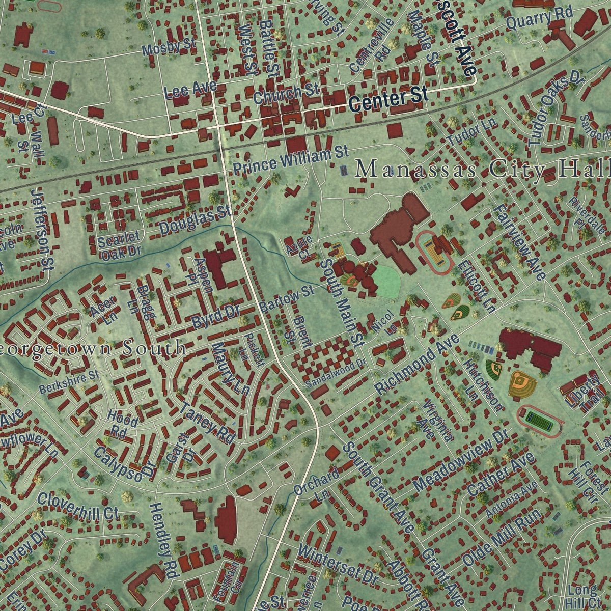 Close-up of the map of Manassas, Virginia print showing street and building detail