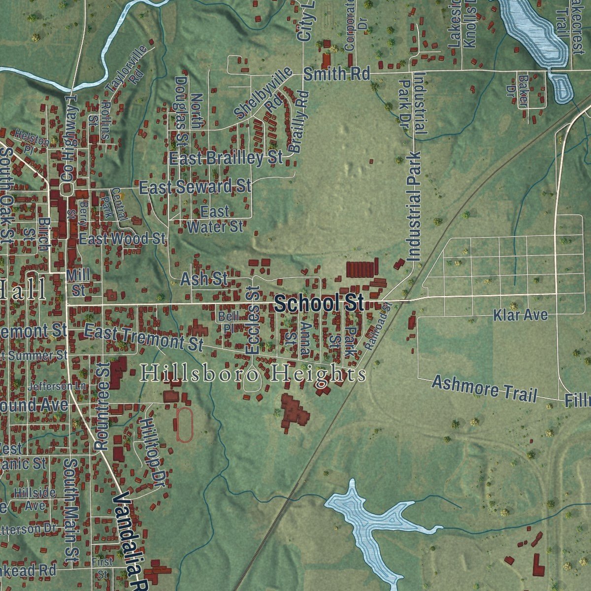 Close-up of the map of Hillsboro, Illinois print showing street and building detail