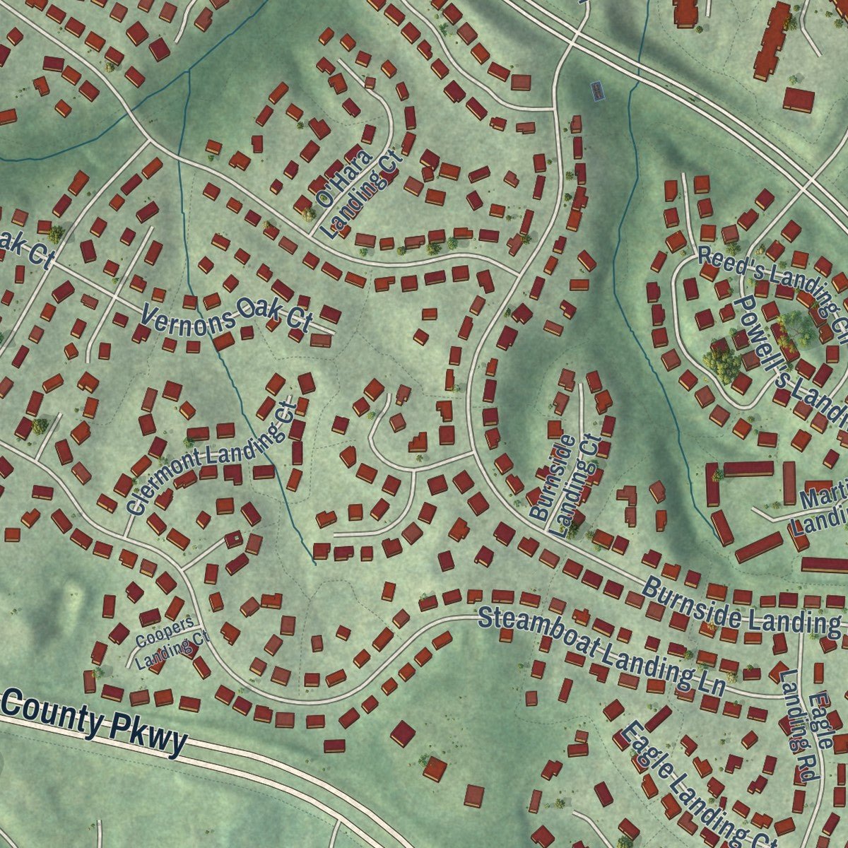 Close-up of the map of Burke Centre, Virginia print showing street and building detail