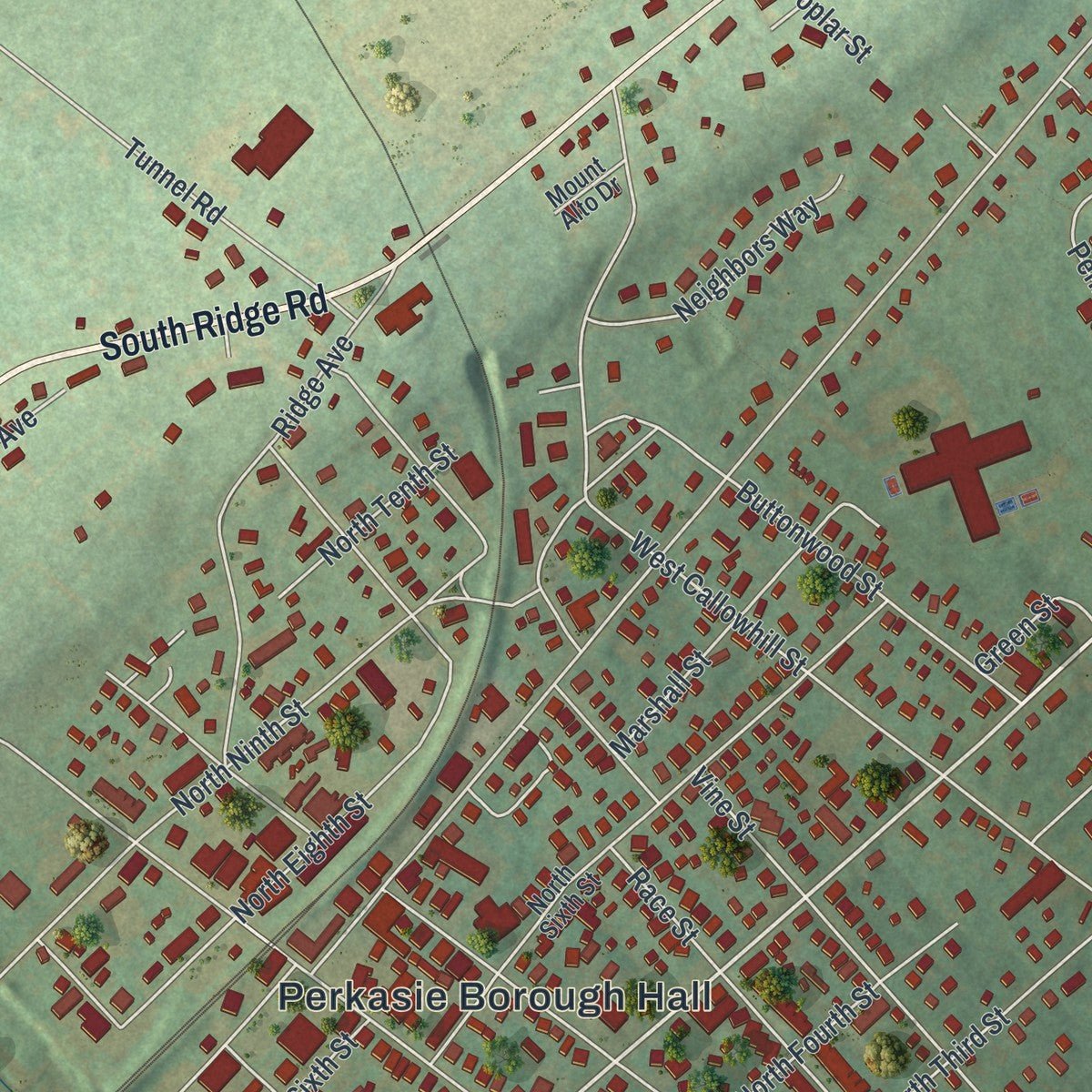 Close-up of the map of Perkasie, Pennsylvania print showing street and building detail