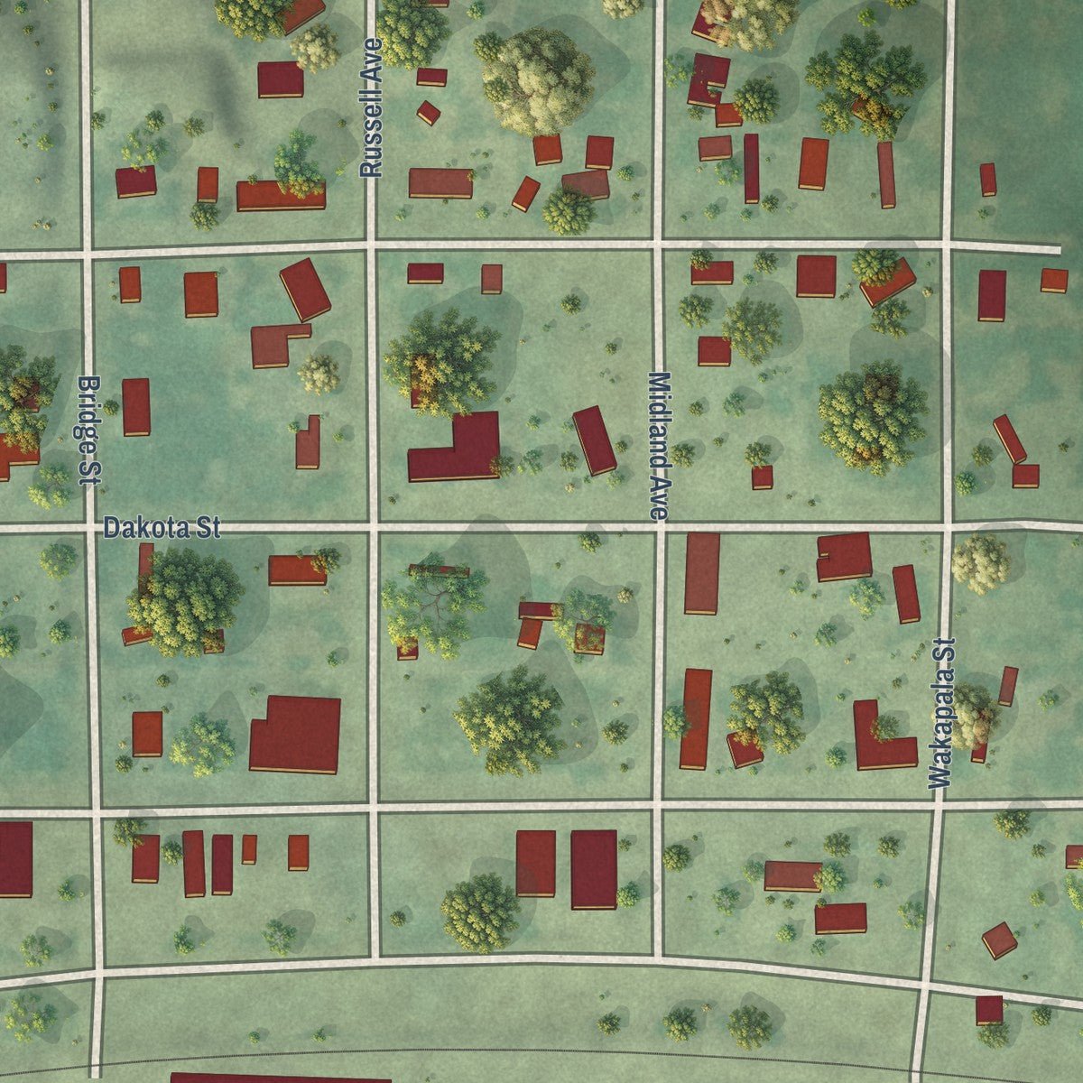Close-up of the map of Midland, South Dakota print showing street and building detail