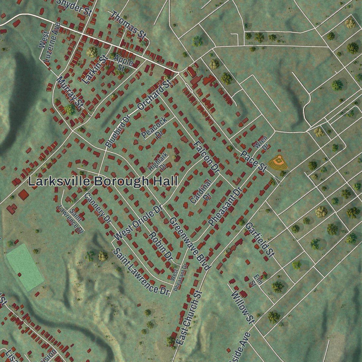 Close-up of the map of Larksville, Pennsylvania print showing street and building detail