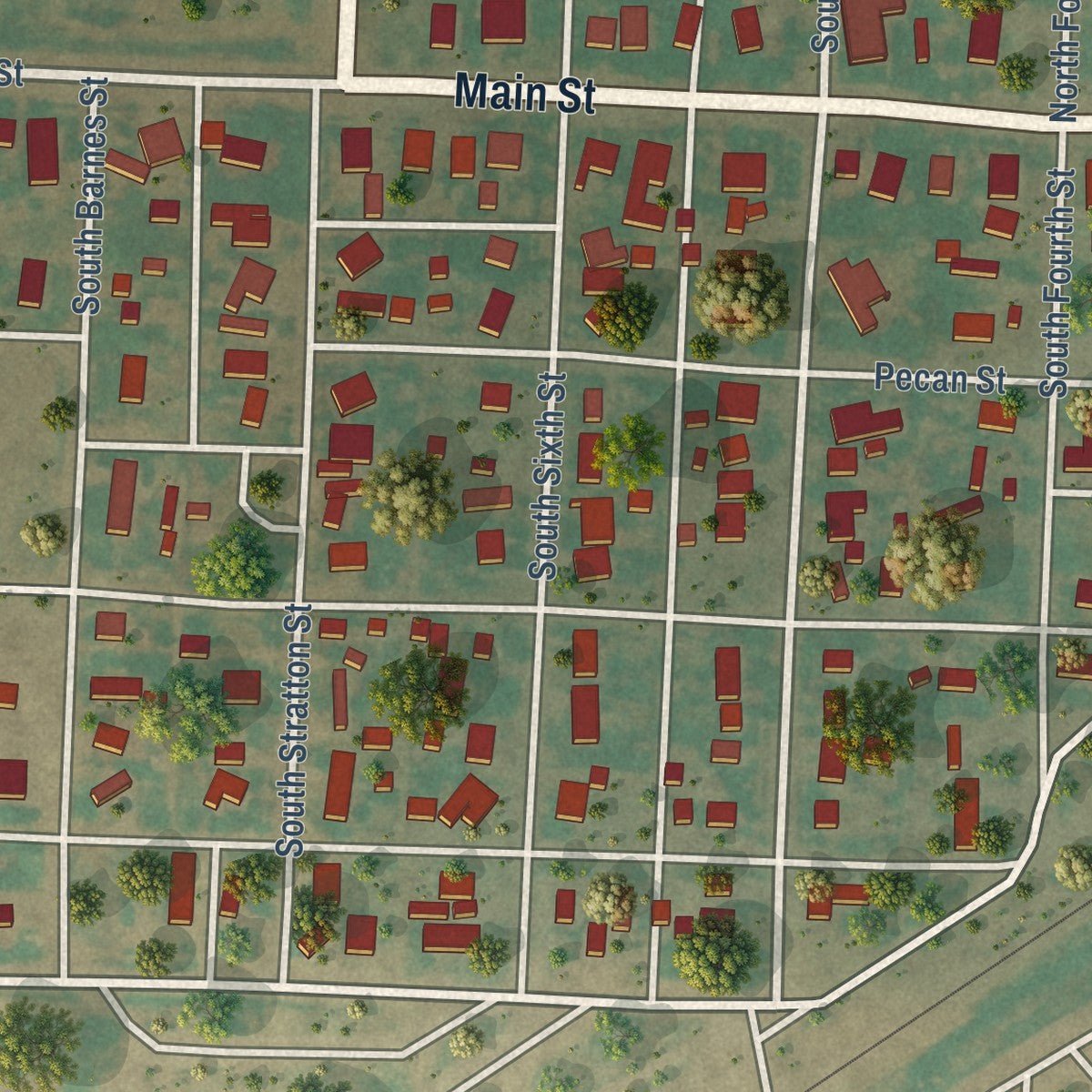 Close-up of the map of Texhoma, Oklahoma print showing street and building detail