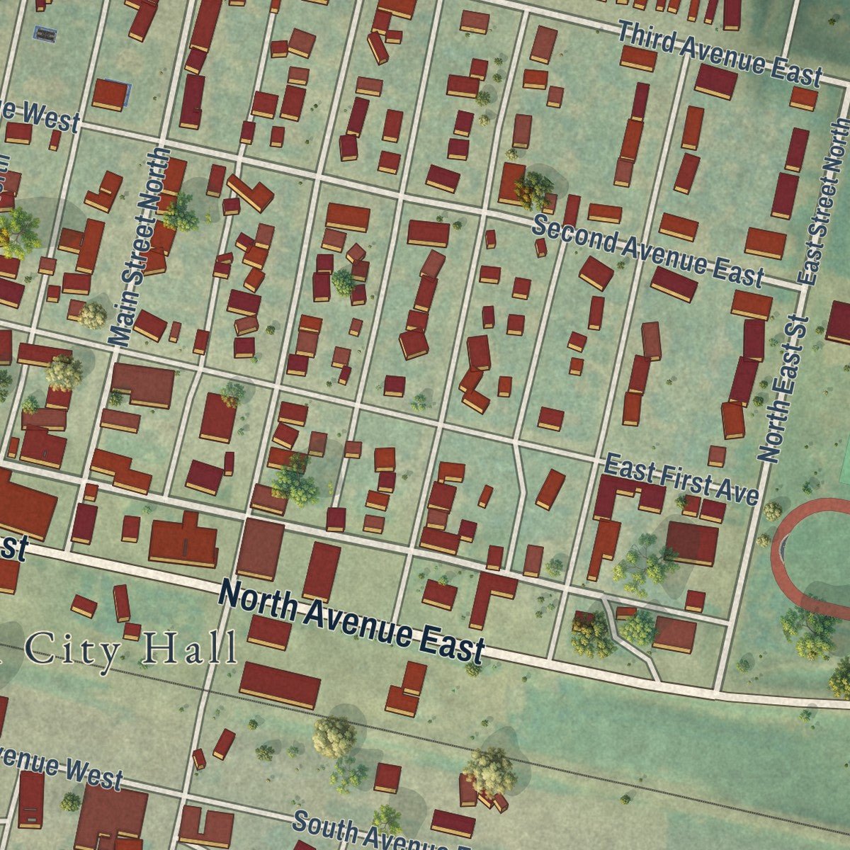 Close-up of the map of Richardton, North Dakota print showing street and building detail