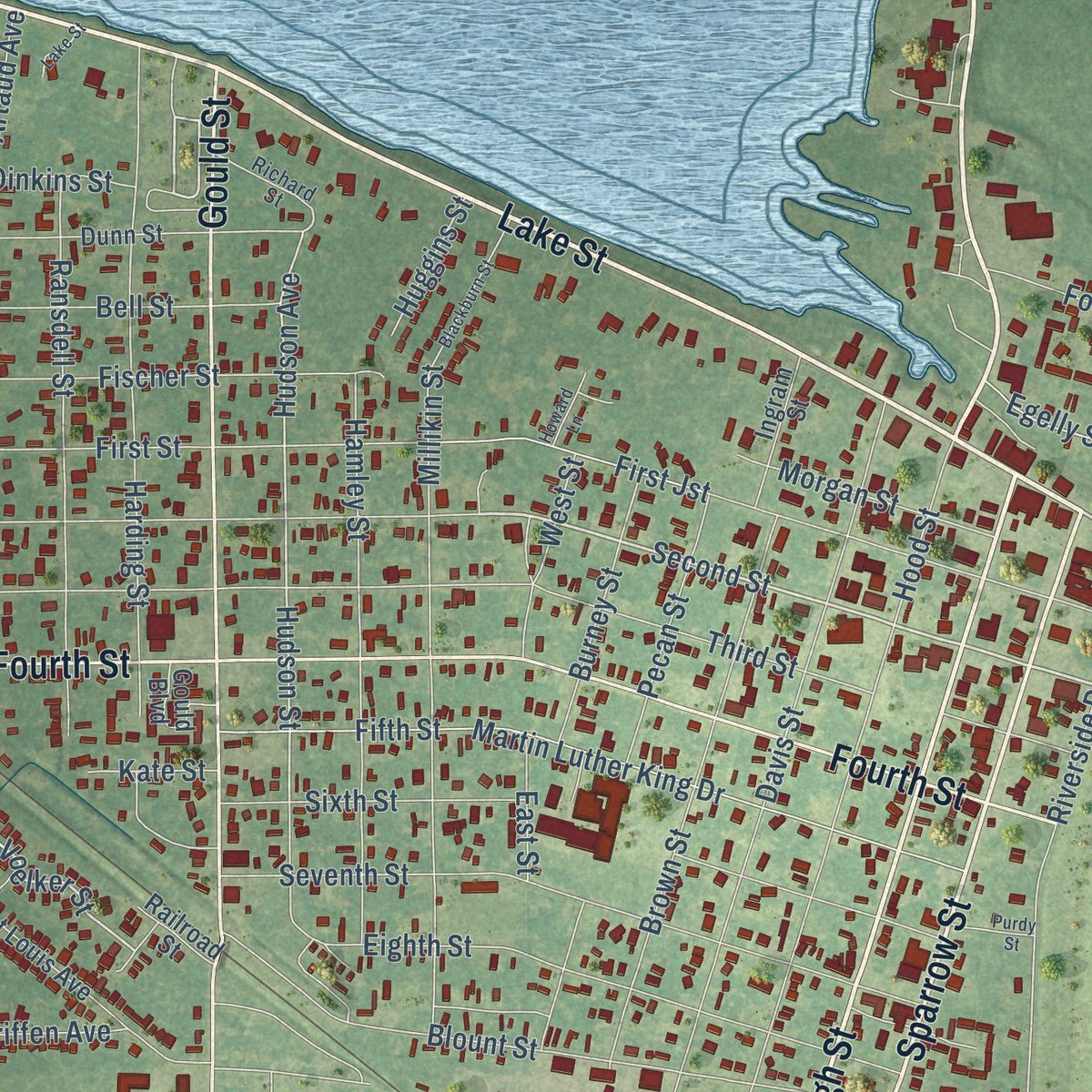Close-up of the map of Lake Providence, Louisiana print showing street and building detail