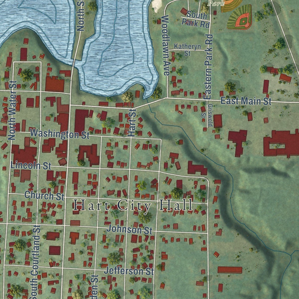 Close-up of the map of Hart, Michigan print showing street and building detail