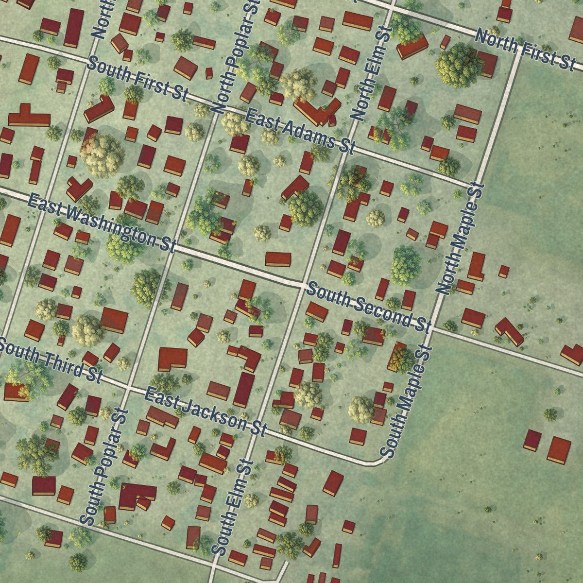 Close-up of the map of Loda, Illinois print showing street and building detail