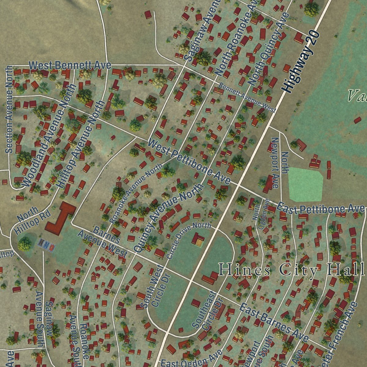 Close-up of the map of Hines, Oregon print showing street and building detail