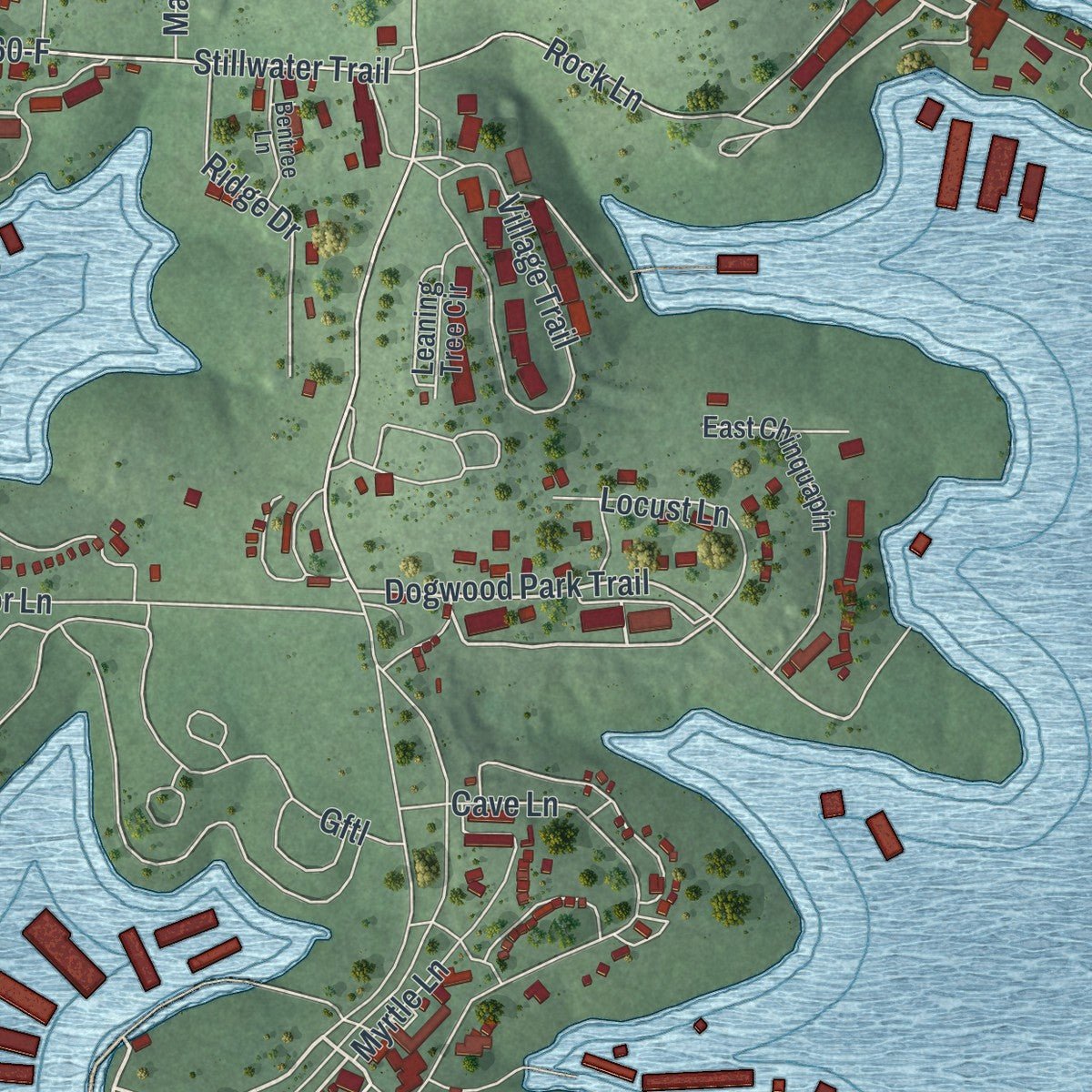 Close-up of the map of Indian Point, Missouri print showing street and building detail