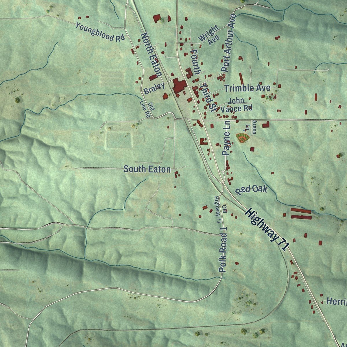 Close-up of the map of Grannis, Arkansas print showing street and building detail