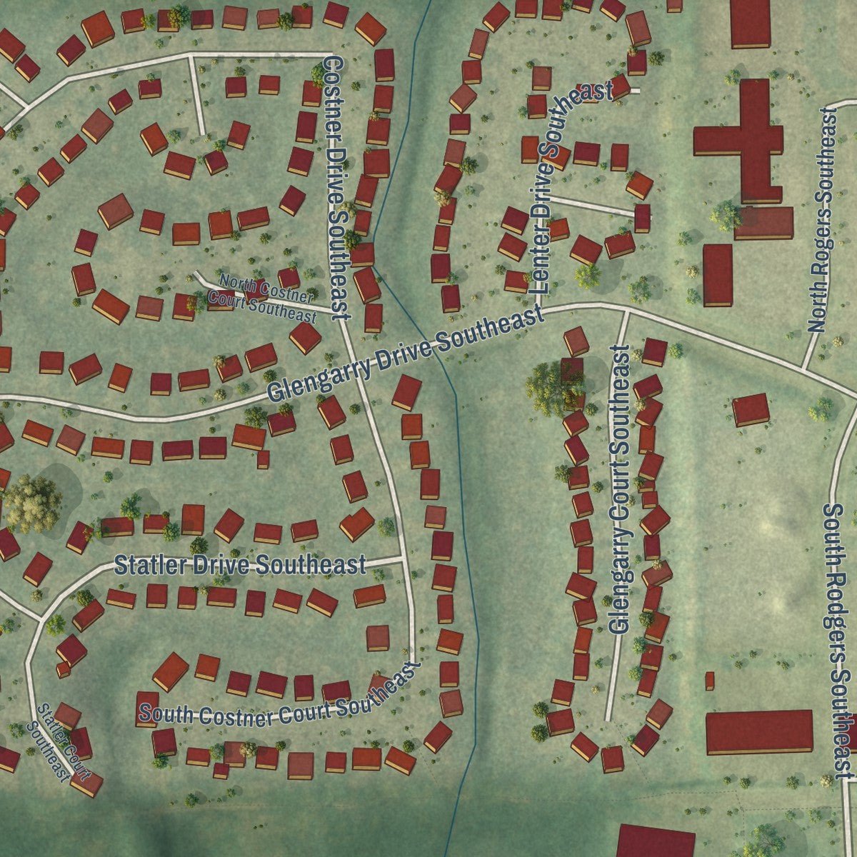 Close-up of the map of Caledonia, Michigan print showing street and building detail