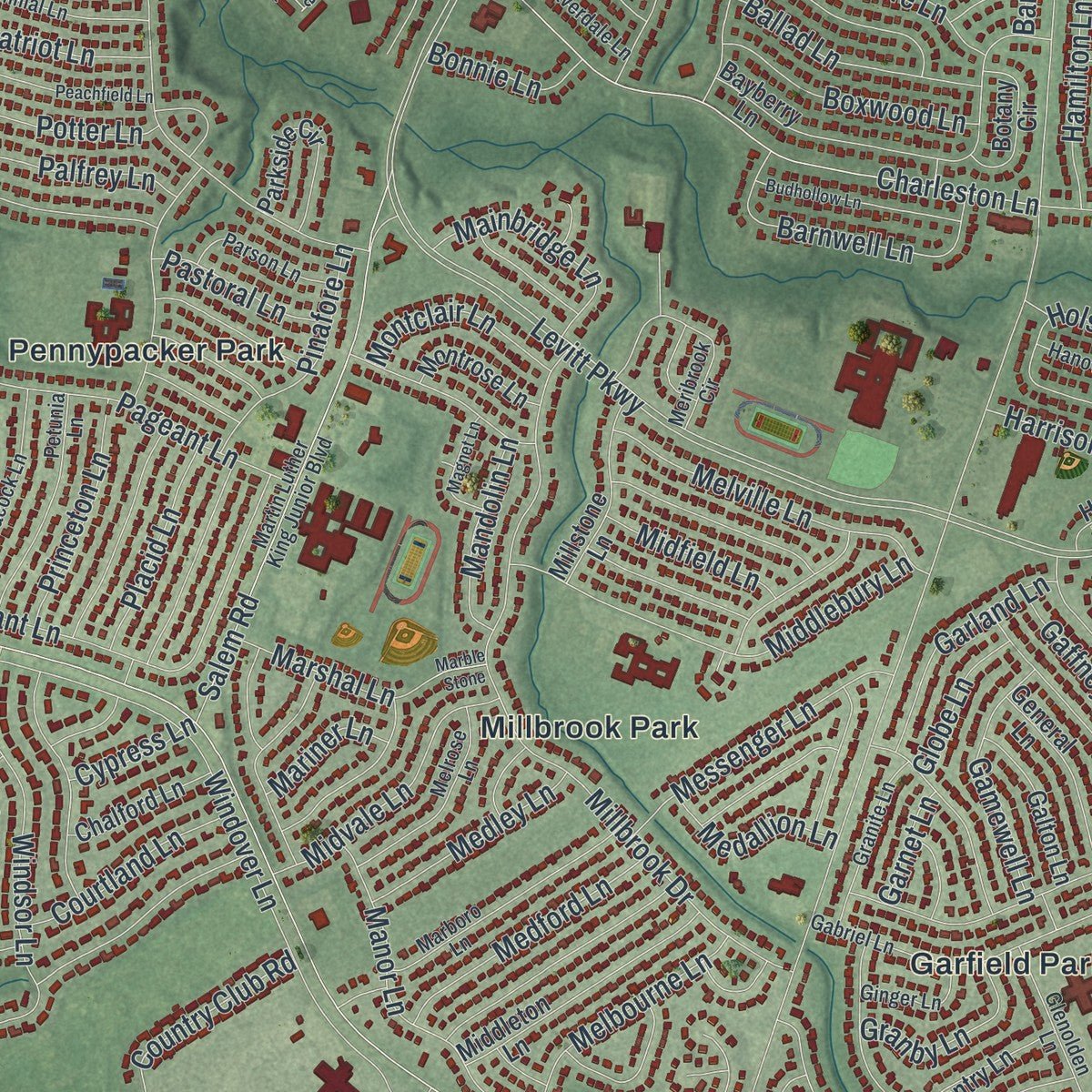 Close-up of the map of Willingboro, New Jersey print showing street and building detail