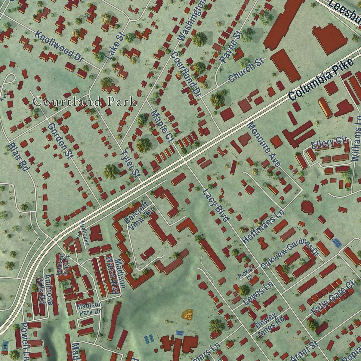 Close-up of the map of Bailey's Crossroads, Virginia print showing street and building detail