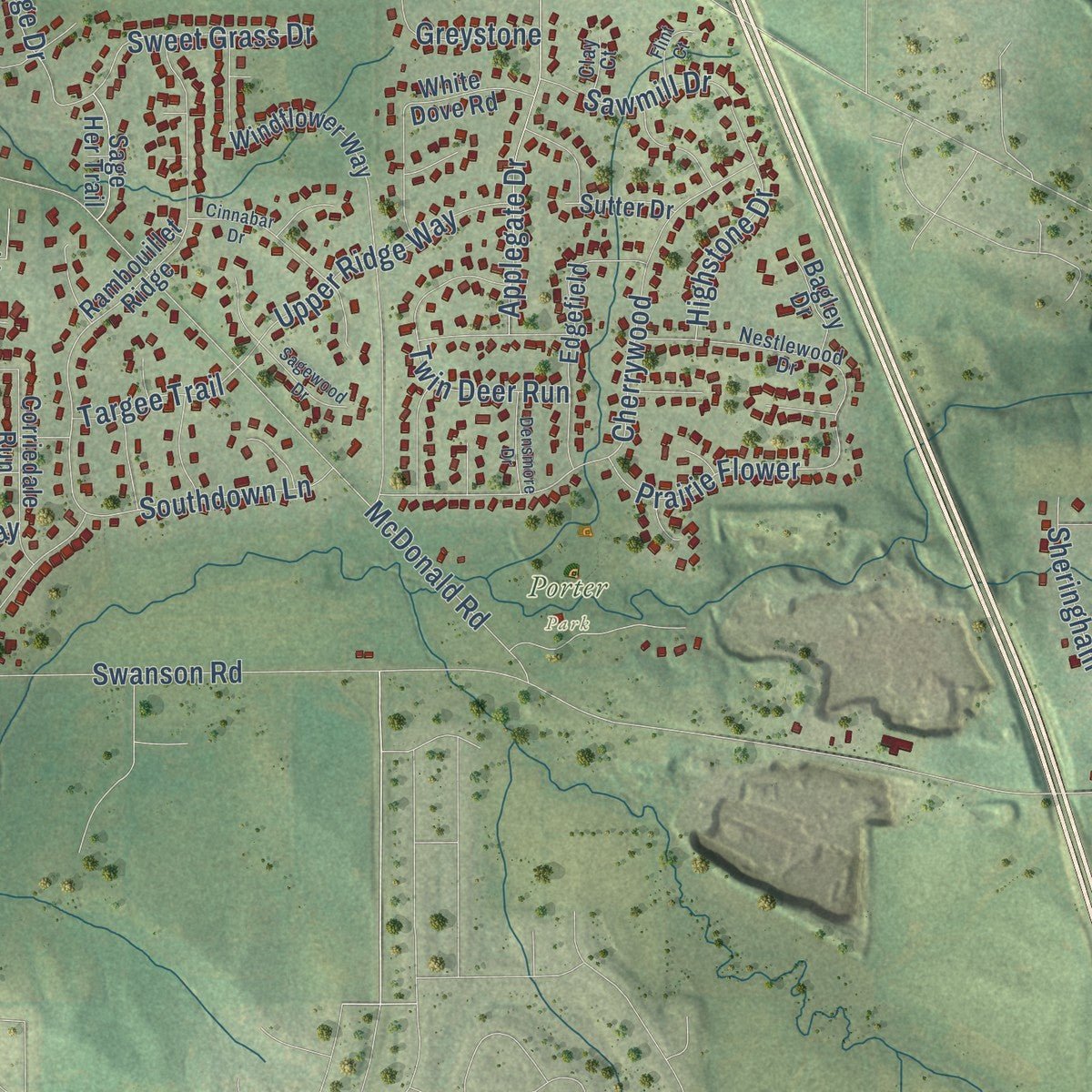 Close-up of the map of Roscoe, Illinois print showing street and building detail