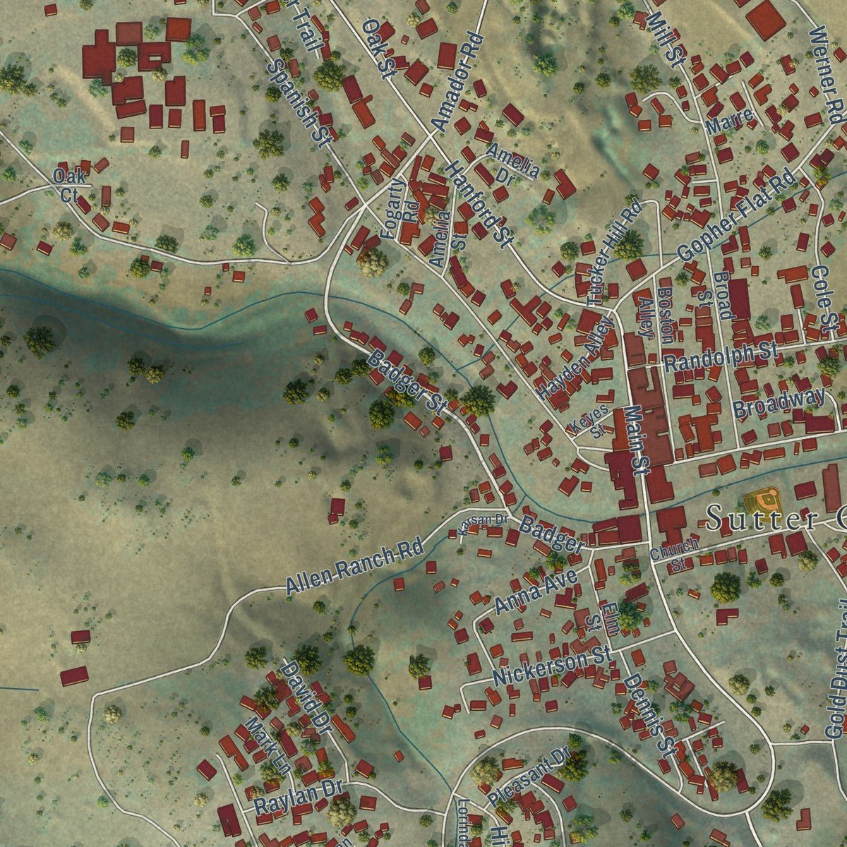 Close-up of the map of Sutter Creek, California print showing street and building detail