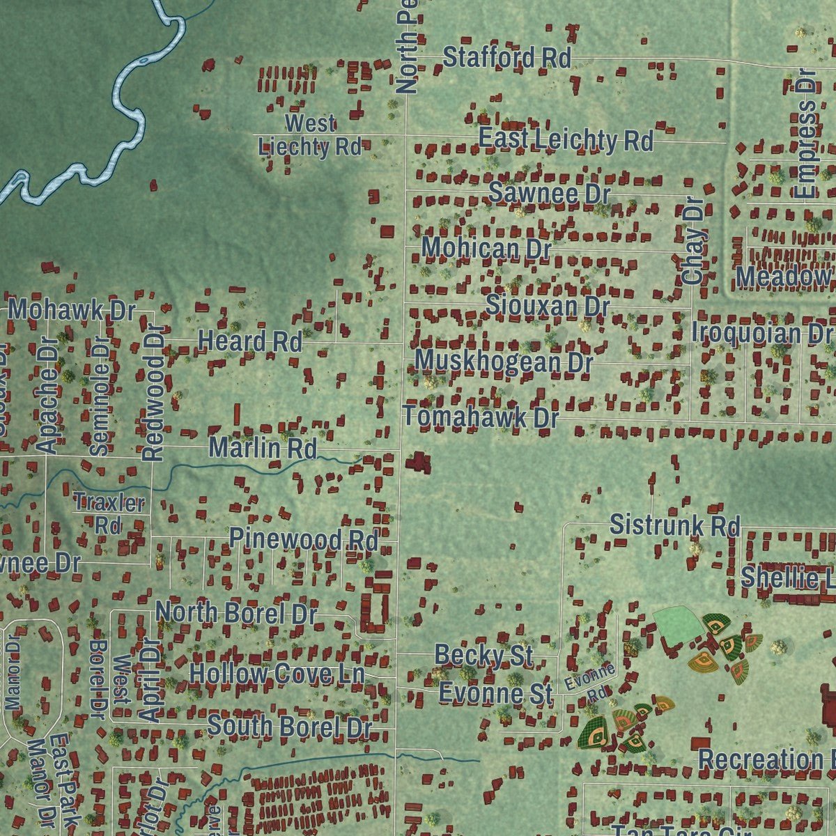 Close-up of the map of Moss Bluff, Louisiana print showing street and building detail