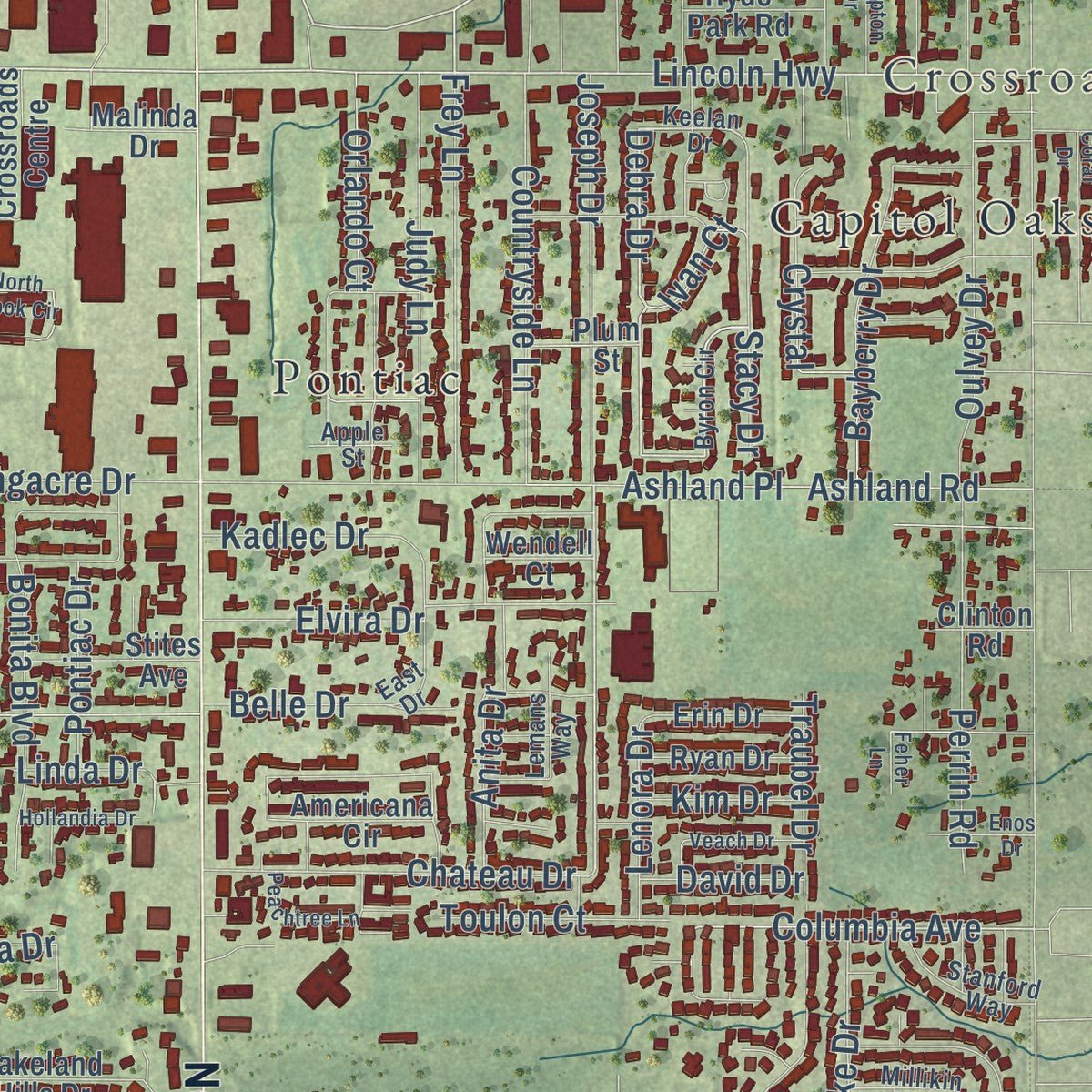 Close-up of the map of Fairview Heights, Illinois print showing street and building detail